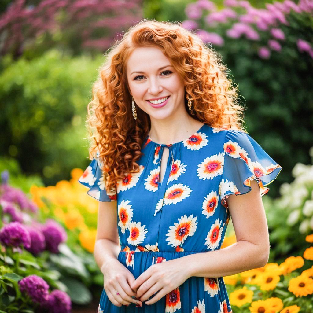 Smiling woman in blue dress amidst colorful garden Smiling woman in blue dress amidst colorful garden