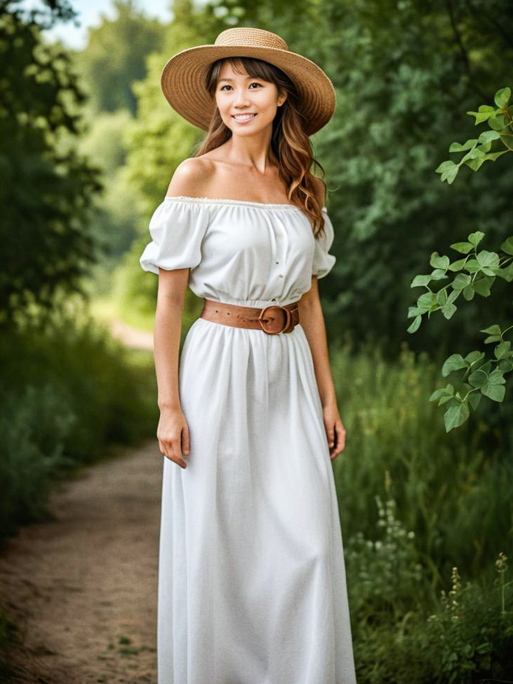 Elegant Woman in White Dress with Straw Hat