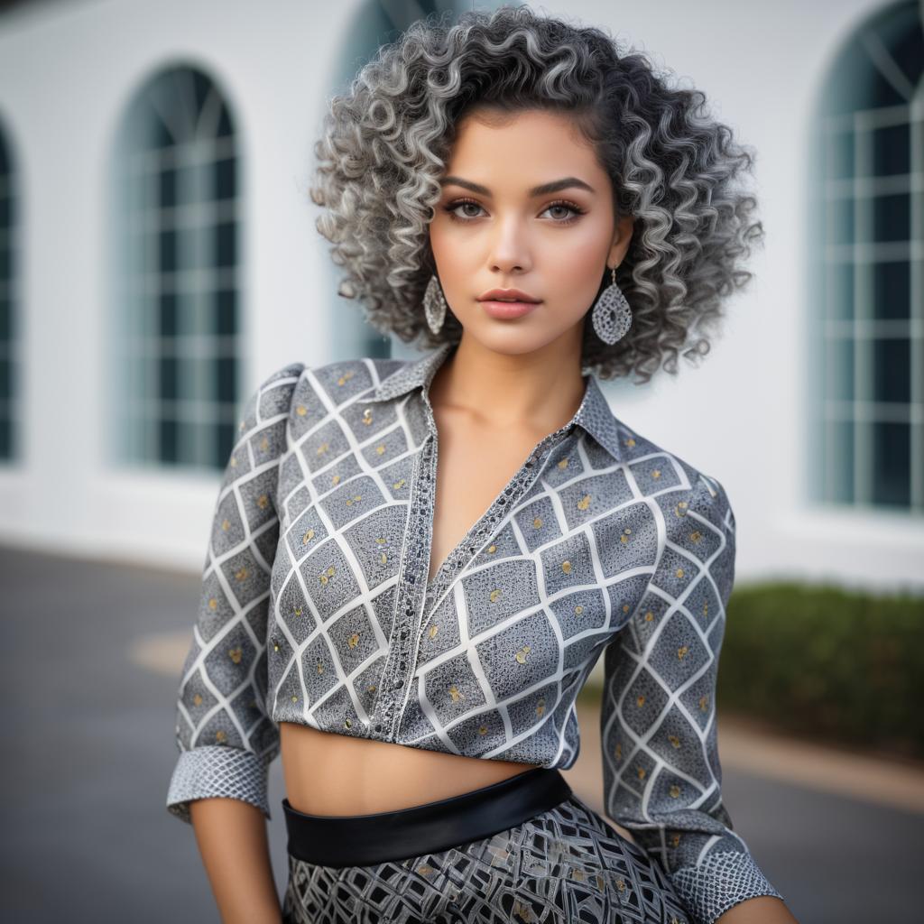 Stylish Woman with Silver Hair in Geometric Fashion