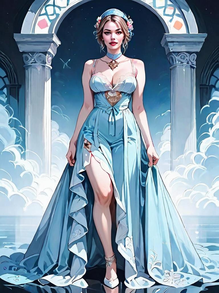 Fantasy Illustration of Elegant Woman in Blue Gown with Classical Arches