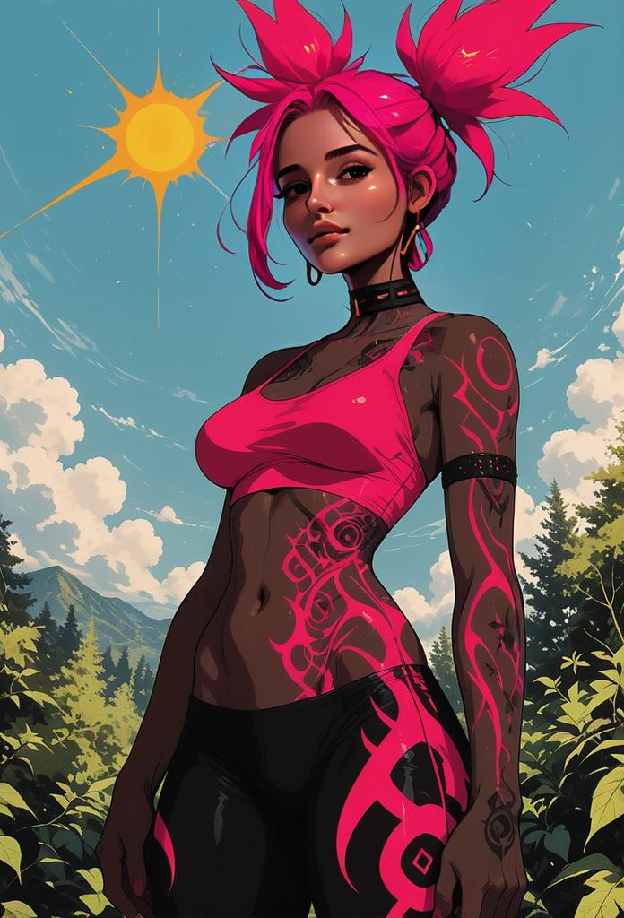 Vibrant Pink-Haired Woman with Tribal Tattoos in Digital Art Illustration