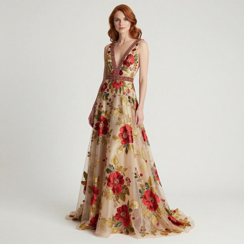 Elegant Floral Embroidered Floor-Length Gown with Deep V Neckline