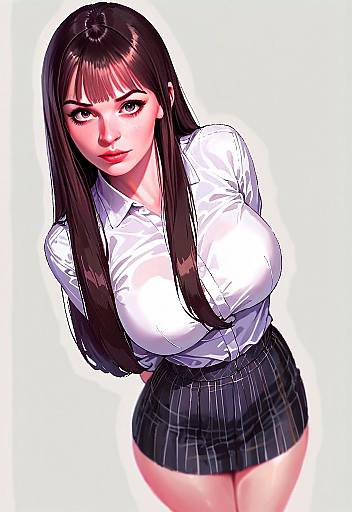 Anime Style Illustration of Woman in White Shirt and Plaid Skirt