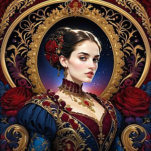 Regal Woman in Baroque Style with Celestial Background