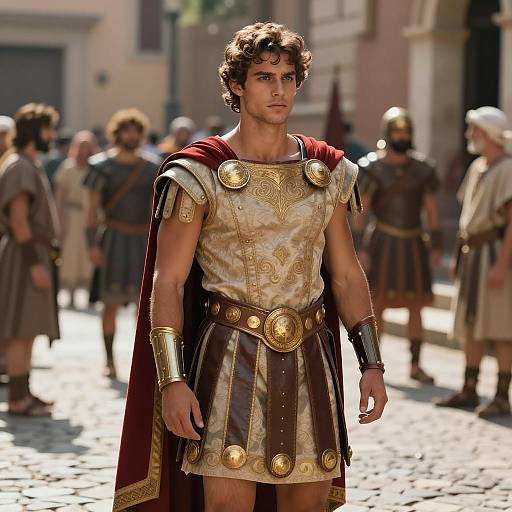 Young Roman Soldier in Detailed Ancient Armor with Red Cape in Historical Setting