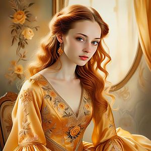 Young Woman in Elegant Golden Gown with Red Hair