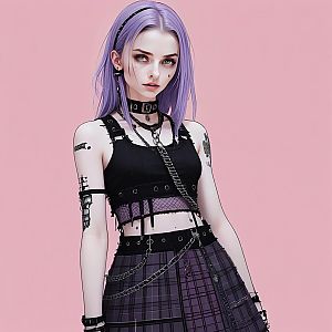 Stylish Young Woman with Lavender Hair in Punk Outfit