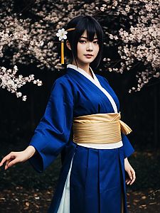Realistic Hanabi Hyuga Cosplay Woman in Blue Kimono with Cherry Blossoms