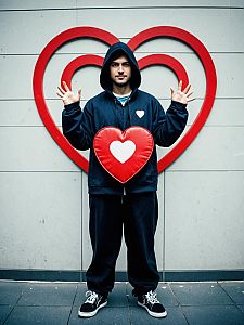 Man in Hoodie with Heart Cushion