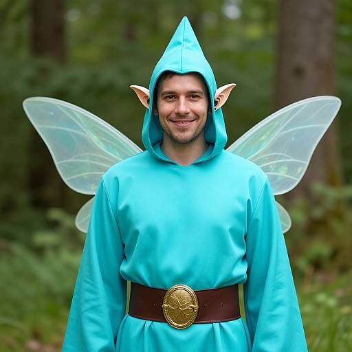 Man in Aqua Blue Elf Costume with Wings in Forest