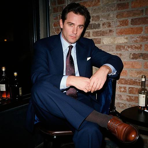 Man in Navy Blue Suit Sitting in Sophisticated Brick Wall Setting