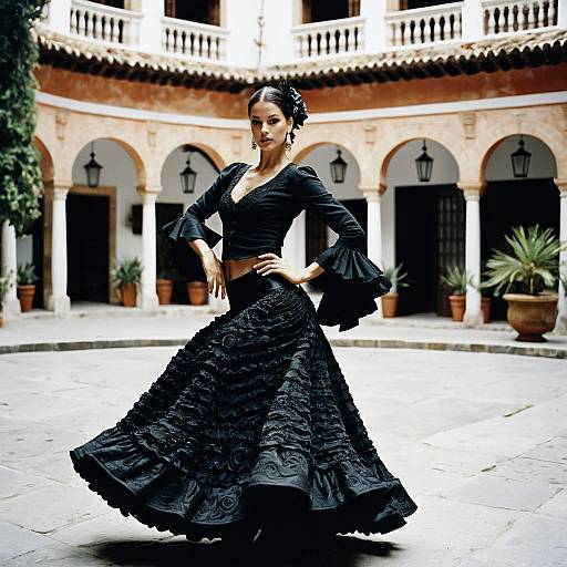 Elegant Woman in Traditional Black Flamenco Dress Posing in Historic Courtyard