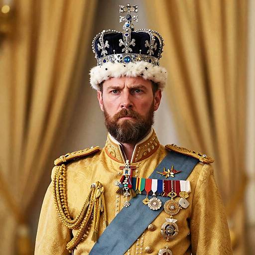 Regal Man Wearing Ornate Crown and Golden Royal Uniform with Medals