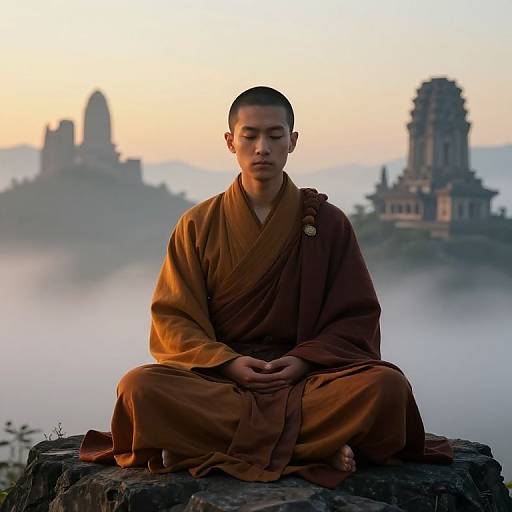 Meditating Monk in Traditional Robes with Misty Temples Background