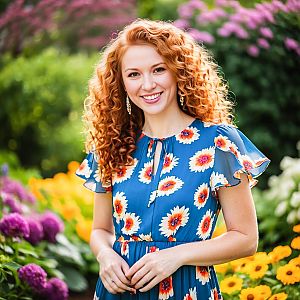 Smiling woman in blue dress amidst colorful garden