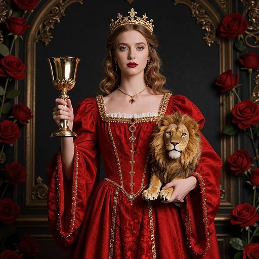 Regal Woman in Red Renaissance Gown Holding Golden Chalice and Lion Puppet