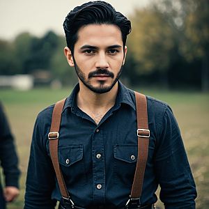 Young Man with Black Hair and Brown Suspenders Outdoors