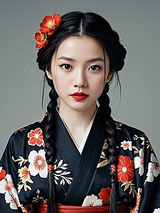 Young Woman in Traditional Japanese Kimono with Braided Hair and Floral Accessories