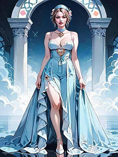 Fantasy Illustration of Elegant Woman in Blue Gown with Classical Arches