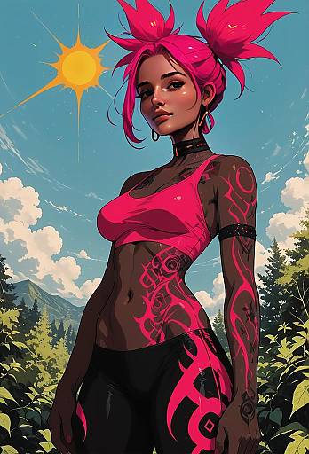 Vibrant Pink-Haired Woman with Tribal Tattoos in Digital Art Illustration