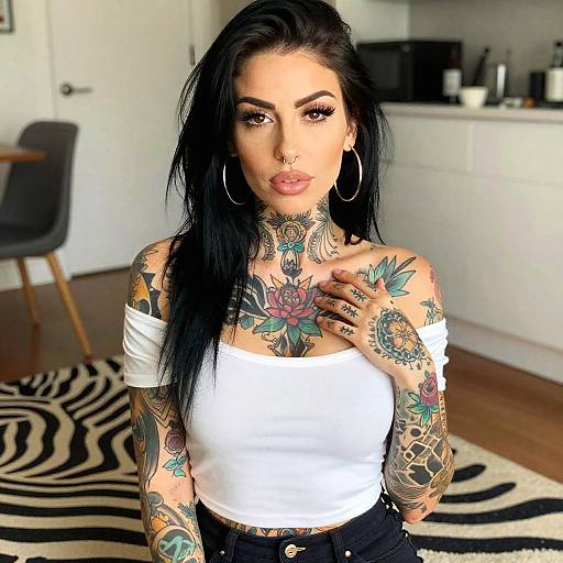 Tattooed Woman with Black Hair in White Crop Top