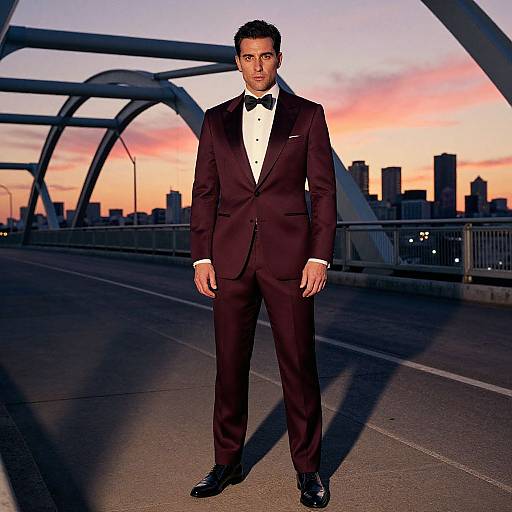 Man in Burgundy Tuxedo Standing on Bridge at Sunset with City Skyline