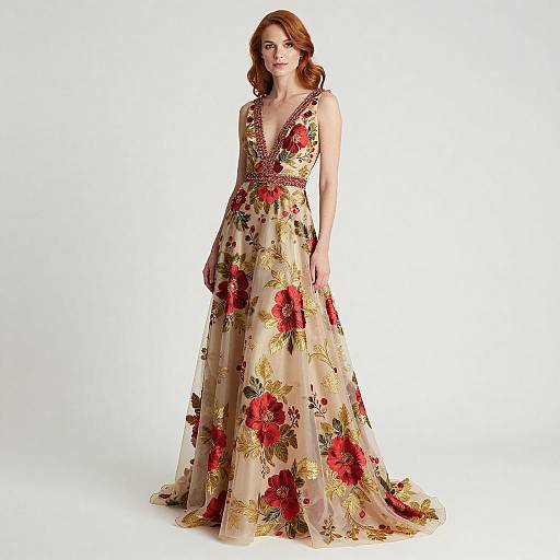 Elegant Floral Embroidered Floor-Length Gown with Deep V Neckline