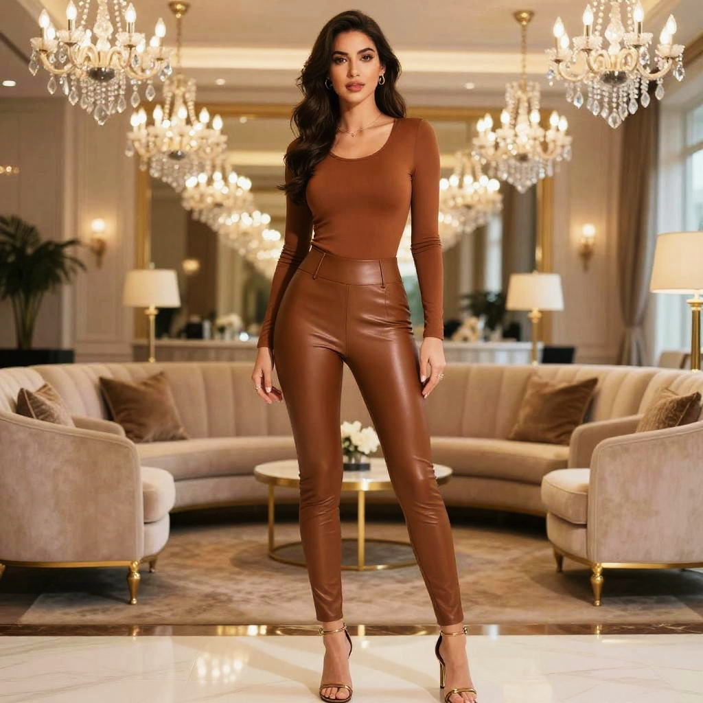 Athletic Woman Wearing Chic Caramel Brown Top and Leather Pants