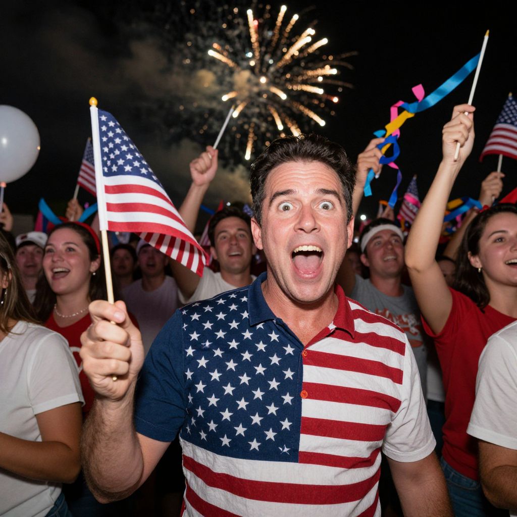 Excited Man Waving American Flag at Fireworks Celebration