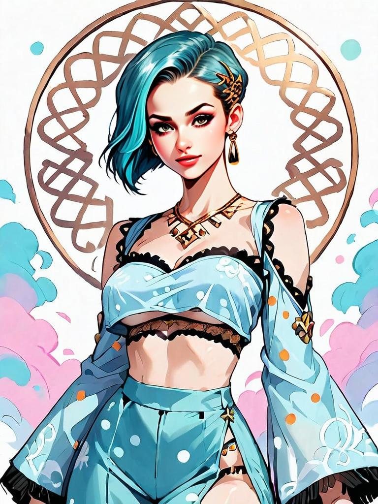 Stylish Woman with Teal Hair in Fantasy Anime Illustration