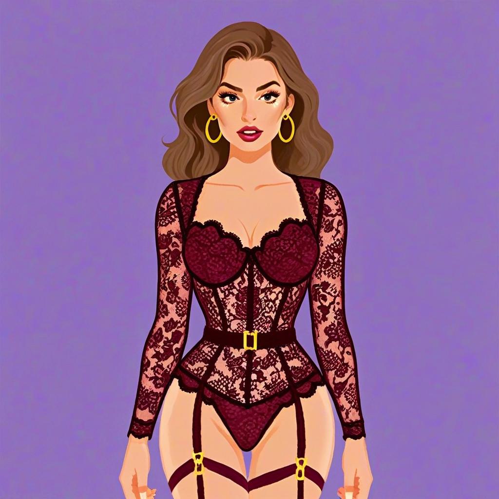 Woman in Romantic Burgundy Lace Bodysuit with Gold Hoop Earrings Illustration