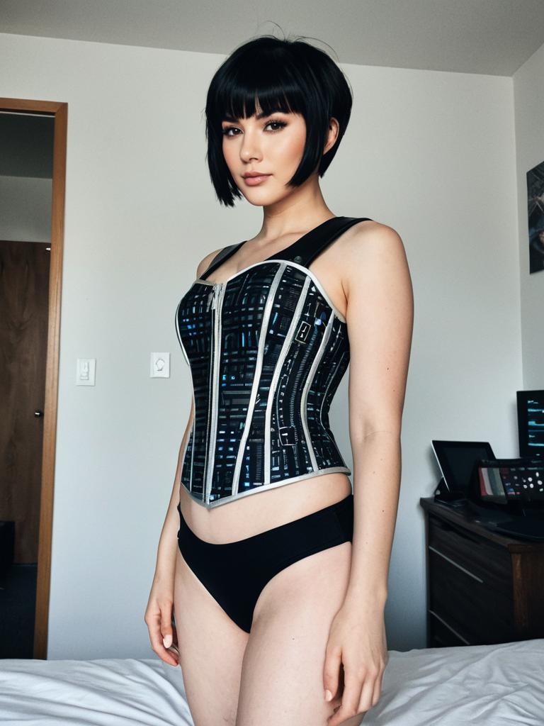 Fashionable Woman Wearing Futuristic Black Corset Indoors