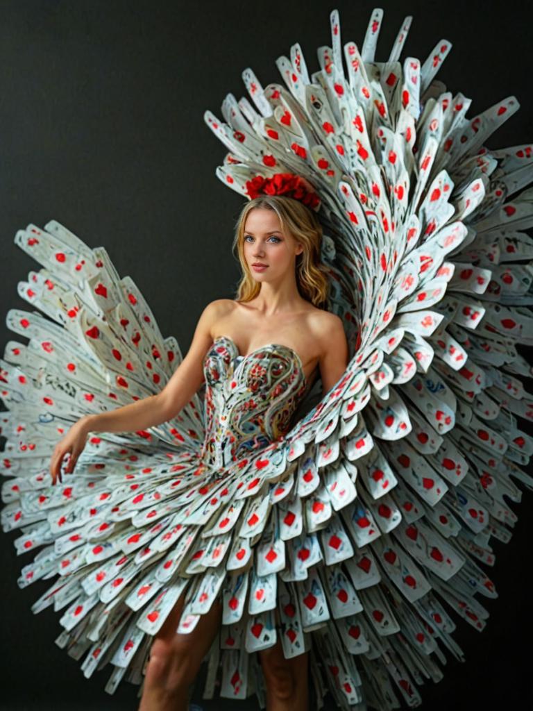 Woman in Artistic Gown Made of Playing Cards