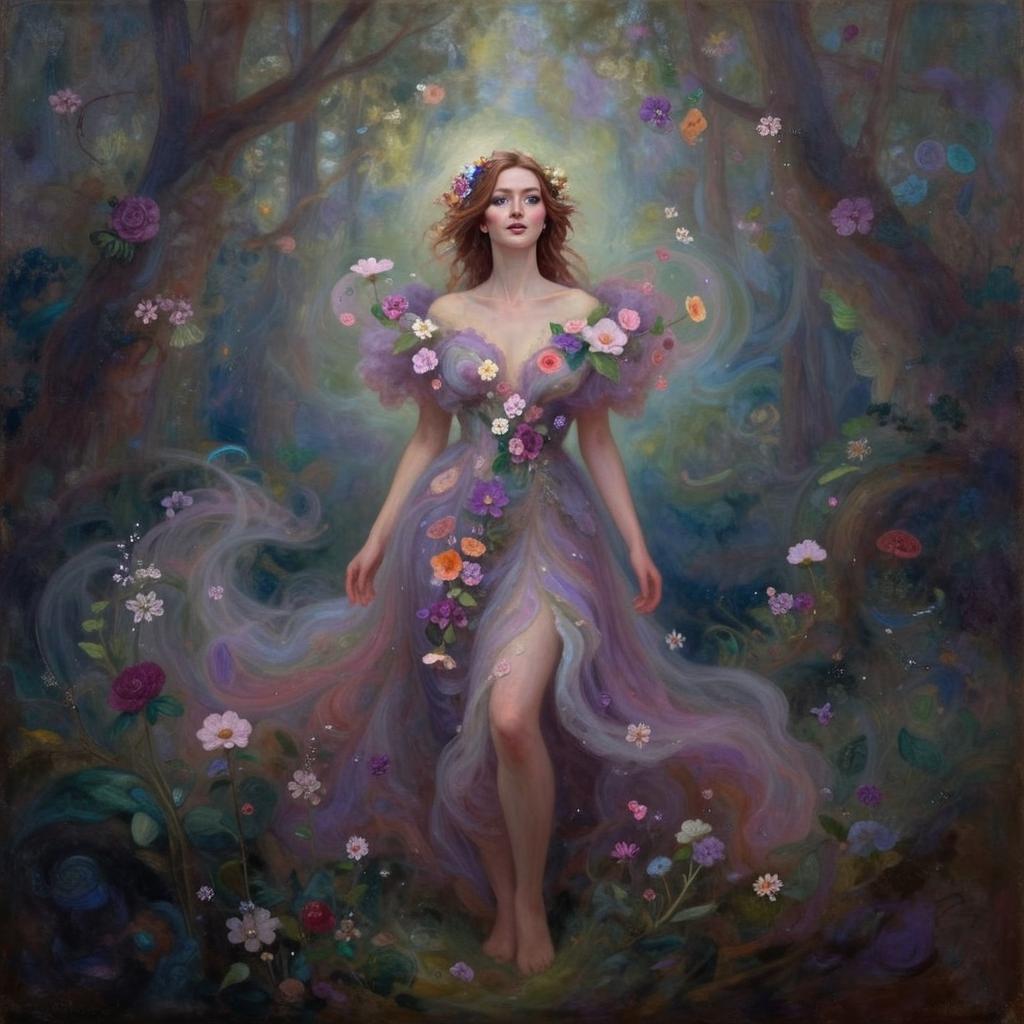 Ethereal Woman in Lavender Floral Gown Fantasy Digital Artwork