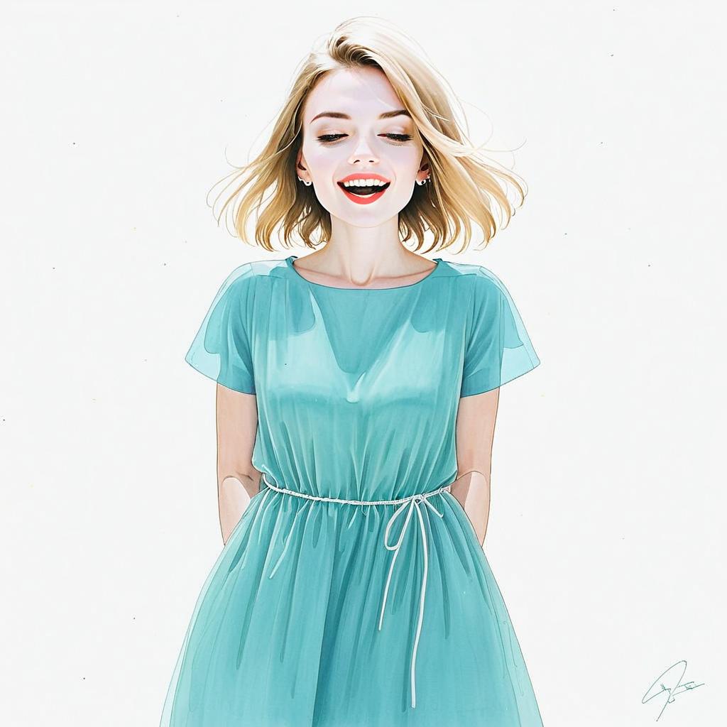 Smiling Blonde Woman in Light Teal Dress Digital Illustration