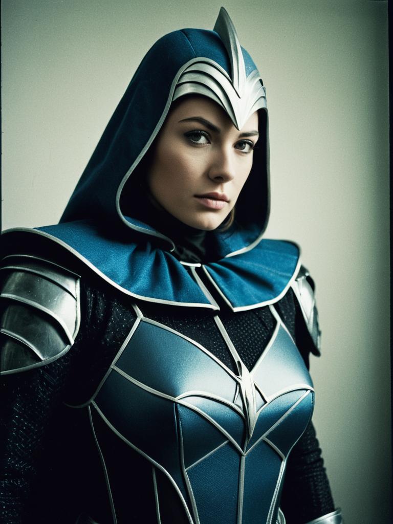 Woman in Blue Silver Fantasy Armor Costume Waist-Up Editorial Portrait