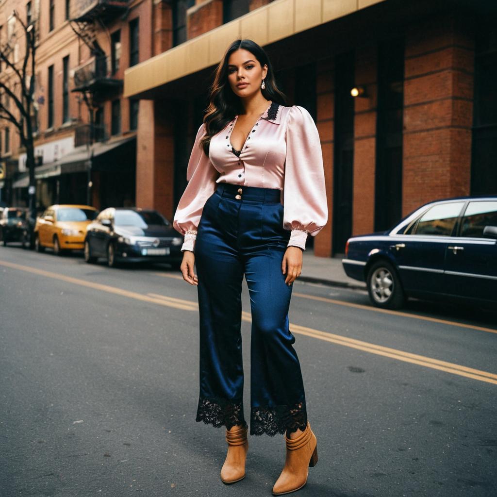Stylish Woman in Satin Blouse and Navy Lace-Trim Pants on City Street