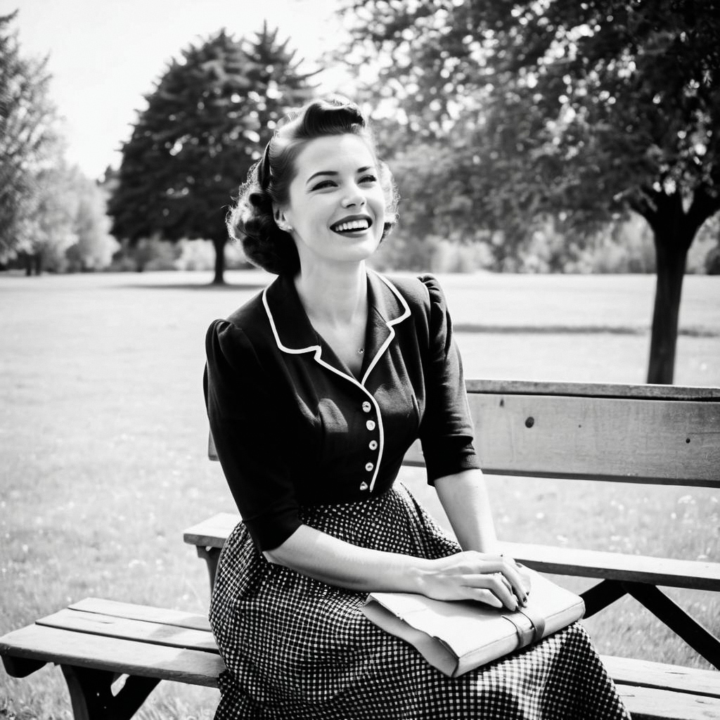 Cheerful Woman in Vintage 1940s Attire on Park Bench Cheerful Woman in Vintage 1940s Attire on Park Bench