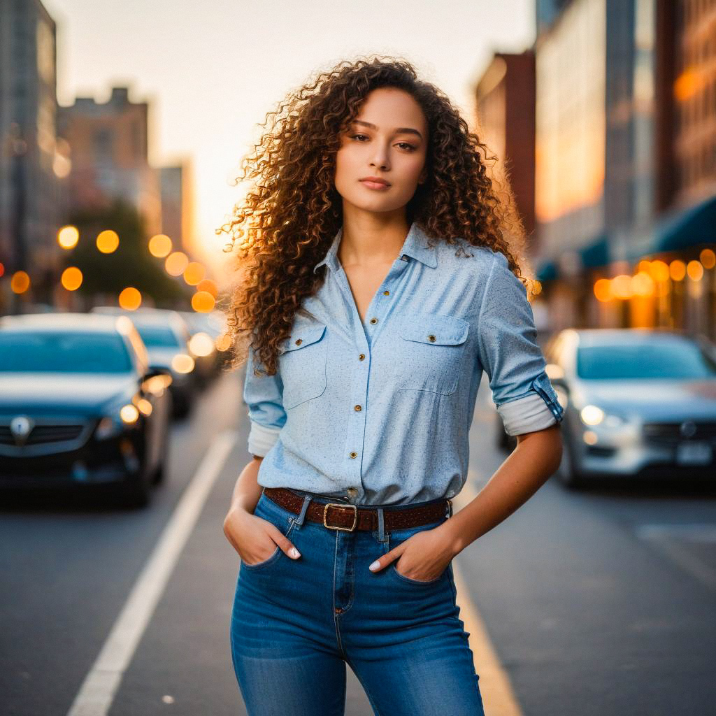 Confident Young Woman in City at Golden Hour