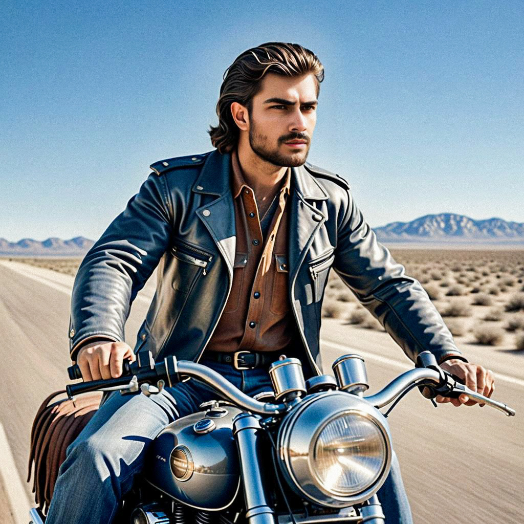 Young Man on Classic Motorcycle in Desert