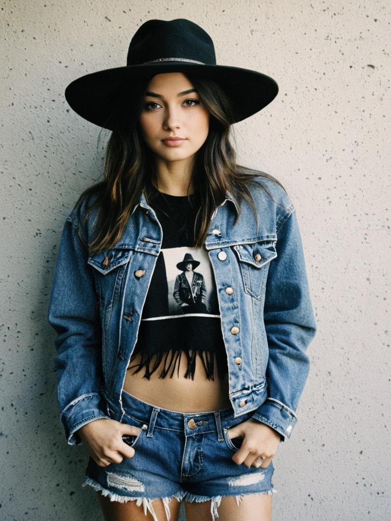 Trendy Young Woman in Denim Jacket and Wide-Brimmed Hat Casual Style