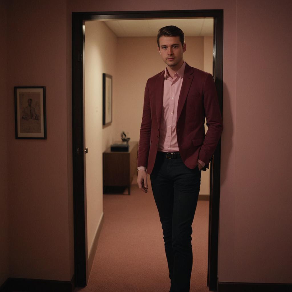 Confident Man in Maroon Blazer at Room Entrance