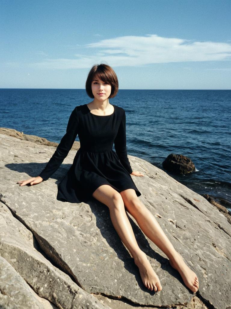 Young Woman in Black Dress Sitting on Rocky Shore by the Sea