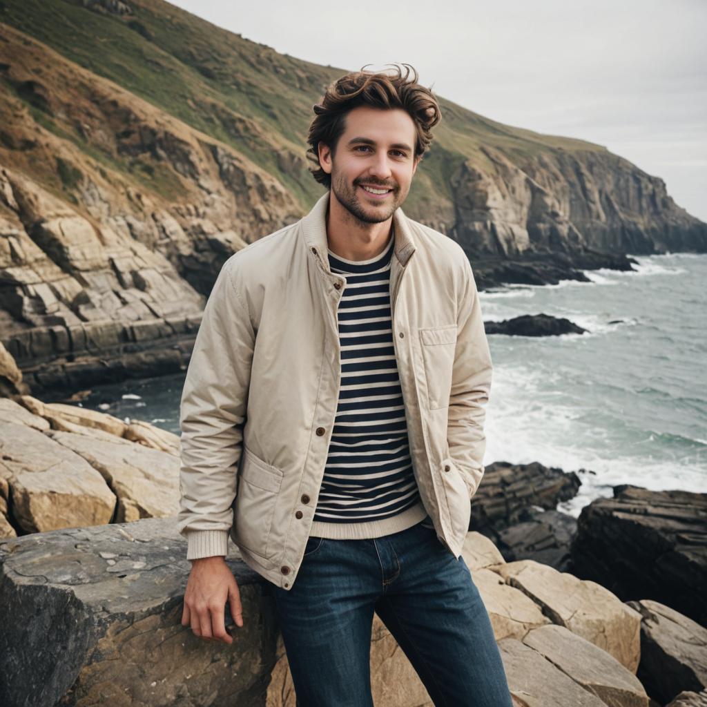 Smiling Man in Striped Shirt at Rugged Coastline