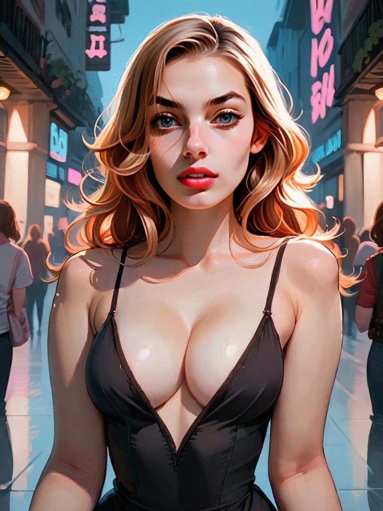 Digital Illustration of Blonde Woman in Black Dress on Neon-Lit Urban Street