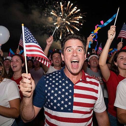 Excited Man Waving American Flag at Fireworks Celebration