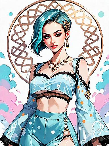 Stylish Woman with Teal Hair in Fantasy Anime Illustration