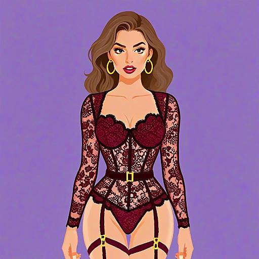 Woman in Romantic Burgundy Lace Bodysuit with Gold Hoop Earrings Illustration