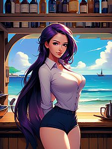 Confident Woman at Beachside Bar