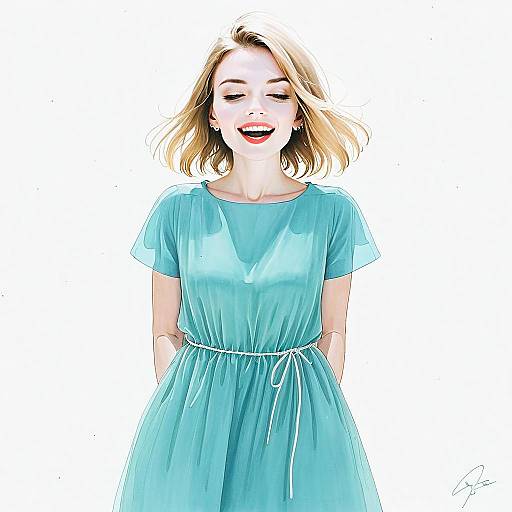 Smiling Blonde Woman in Light Teal Dress Digital Illustration